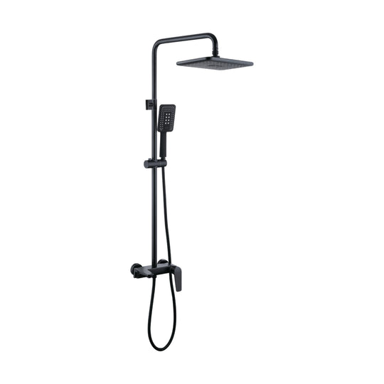 Matte Black — Matte black exposed shower system with square rain head, square handheld on slide bar and blade-lever mixer — SANIKB DL-08 046-BK