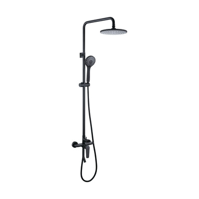 Matte Black — Matte black exposed shower system with round rain head, slide-bar handheld and curved tub spout under mixer — SANIKB DL-08 048-BK