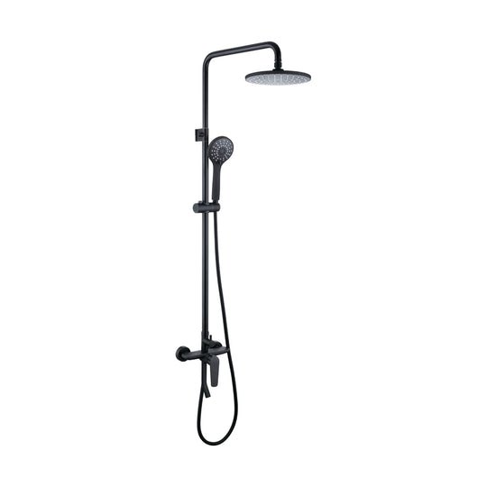 Matte Black — Matte black exposed shower system with round rain head, slide-bar handheld and curved tub spout under mixer — SANIKB DL-08 048-BK