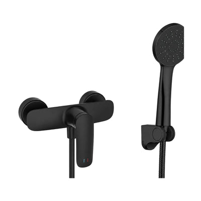 Matte Black — Matte black exposed shower mixer with curved body, drooping lever and round handheld on wall bracket — SANIKB DL-08 213-BK