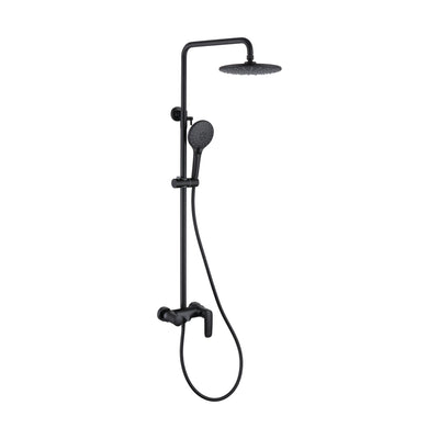 Matte Black — Matte black exposed shower system with round rain head, round slide handheld and drooping-lever mixer — SANIKB DL-08 648-BK