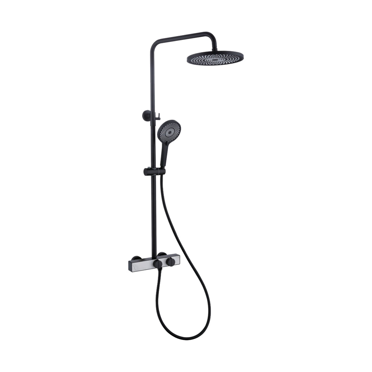Matte Black — Matte black shower column with round rain head, handheld and rectangular bar mixer with two blade-top knobs — SANIKB DL-08 151-BK