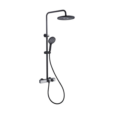Matte Black — Matte black shower column with round rain head, handheld and rectangular bar mixer with two blade-top knobs — SANIKB DL-08 151-BK