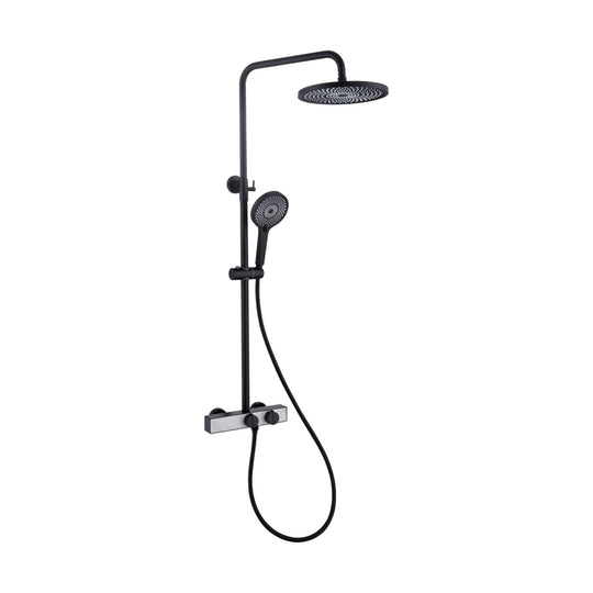 Matte Black — Matte black shower column with round rain head, handheld and rectangular bar mixer with two blade-top knobs — SANIKB DL-08 151-BK