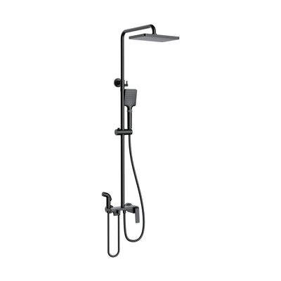 Matte Black — Matte black shower column with square rain head, square handheld, angular flat-blade mixer and spray gun — SANIKB DL-08 507-BK