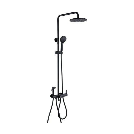 Matte Black — Matte black shower column with round rain head, handheld, round-dial bar mixer, upright lever and spray gun — SANIKB DL-08 020-BK