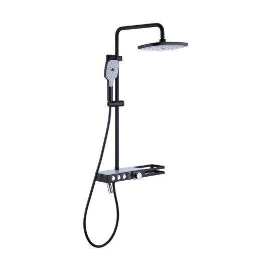 Matte Black — Matte black shower column with rounded rain head, square handheld, push-button mixer and side basket rack — SANIKB DL-08 138-BK