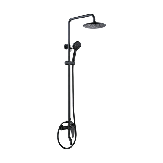 Matte Black — Matte black shower column with patterned round rain head, round handheld, lever mixer and S-curve tub spout — SANIKB DL-08 016-BK