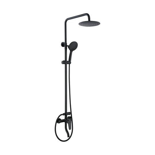 Matte Black — Matte black shower column with plain round rain head, round handheld, lever mixer and S-curve tub spout — SANIKB DL-08 096-BK