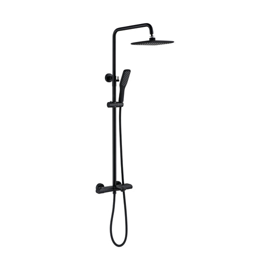 Matte black exposed shower system with bar valve, rounded-square rain head and slim stick handheld — SANIKB DL-08 127-BK