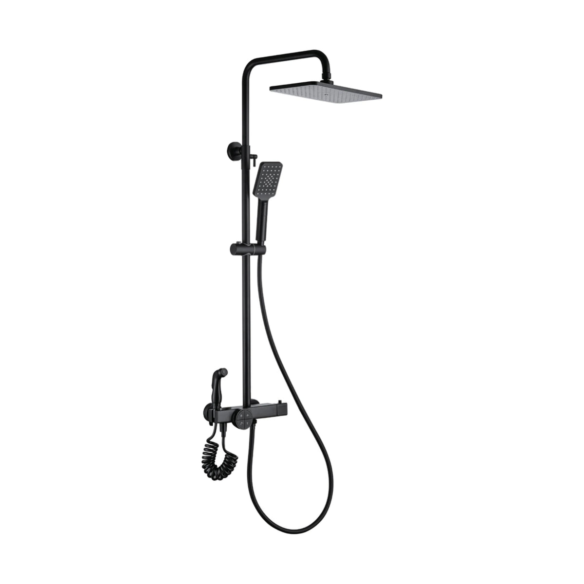 Matte Black — Matte black exposed shower system with square rain head, square handheld and spray gun on coiled hose — SANIKB DL-08 141-BK
