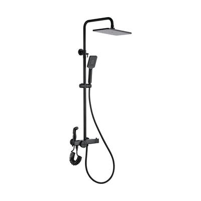 Matte Black — Matte black exposed shower system with square rain head, square handheld and spray gun on coiled hose — SANIKB DL-08 141-BK