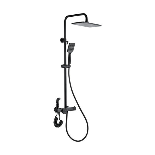 Matte Black — Matte black exposed shower system with square rain head, square handheld and spray gun on coiled hose — SANIKB DL-08 141-BK