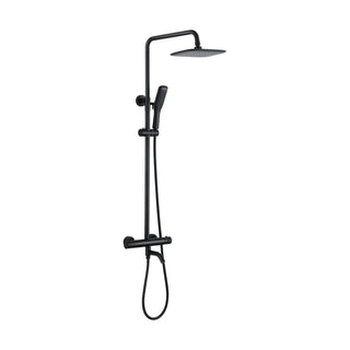 Matte black exposed shower system with bar valve, curved lower spout and rounded-square rain head — SANIKB DL-08 145-BK