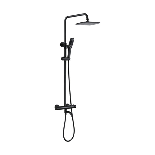 Matte black exposed shower system with bar valve, curved lower spout and rounded-square rain head — SANIKB DL-08 145-BK