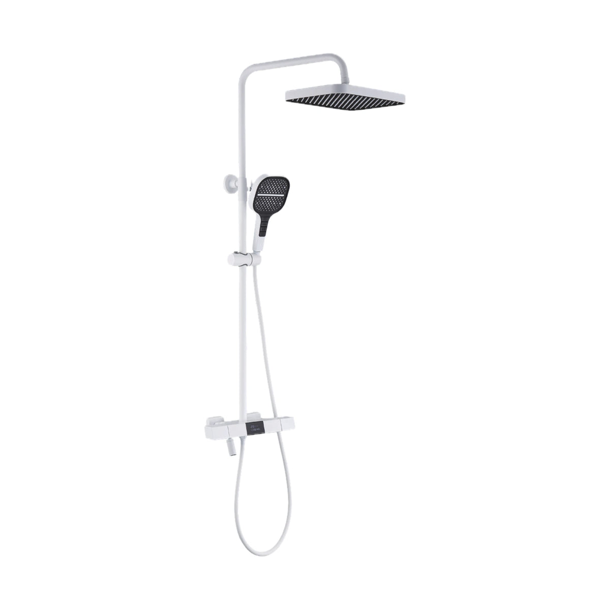 White — Chrome shower column with square rain head, handheld and square bar mixer with digital temperature display — SANIKB DL-08 091-WH