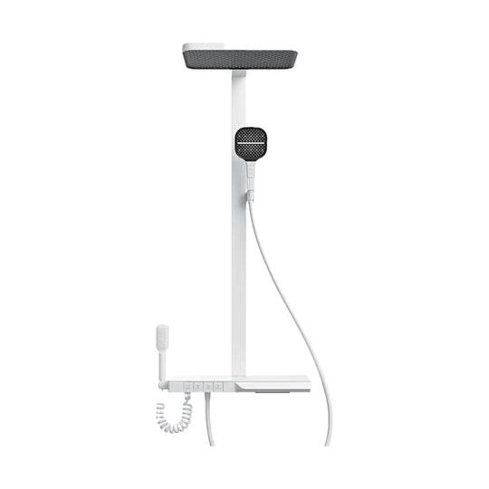White T-shaped shower column with top-mounted rectangular rain head, push-button shelf and coiled spray gun — SANIKB DL-08 181-WH