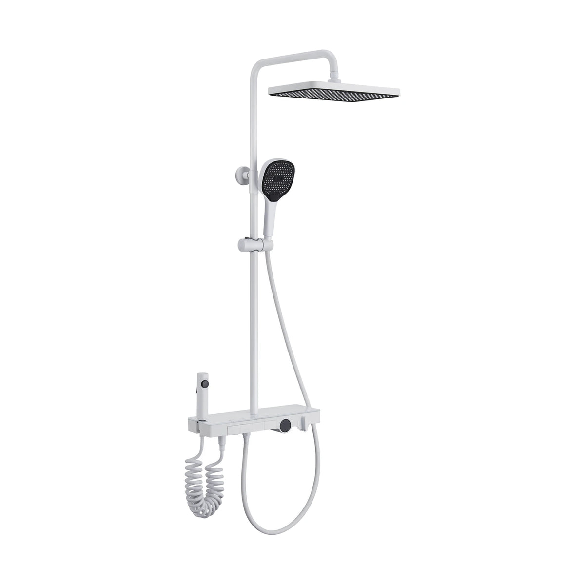 White shower column with square rain head, slide-bar handheld, push-button shelf mixer, coiled spray gun — SANIKB DL-08 183-WH