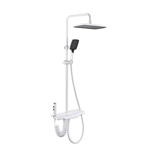 White shower column with piano-key button shelf valve, coiled-hose spray gun, dark-face rain head, handheld — SANIKB DL-08 550-WH