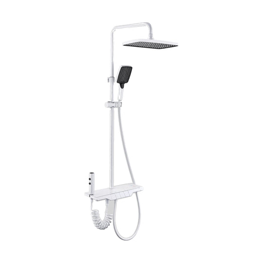 White shower column with piano-key button shelf valve, coiled-hose spray gun, dark-face rain head, handheld — SANIKB DL-08 550-WH