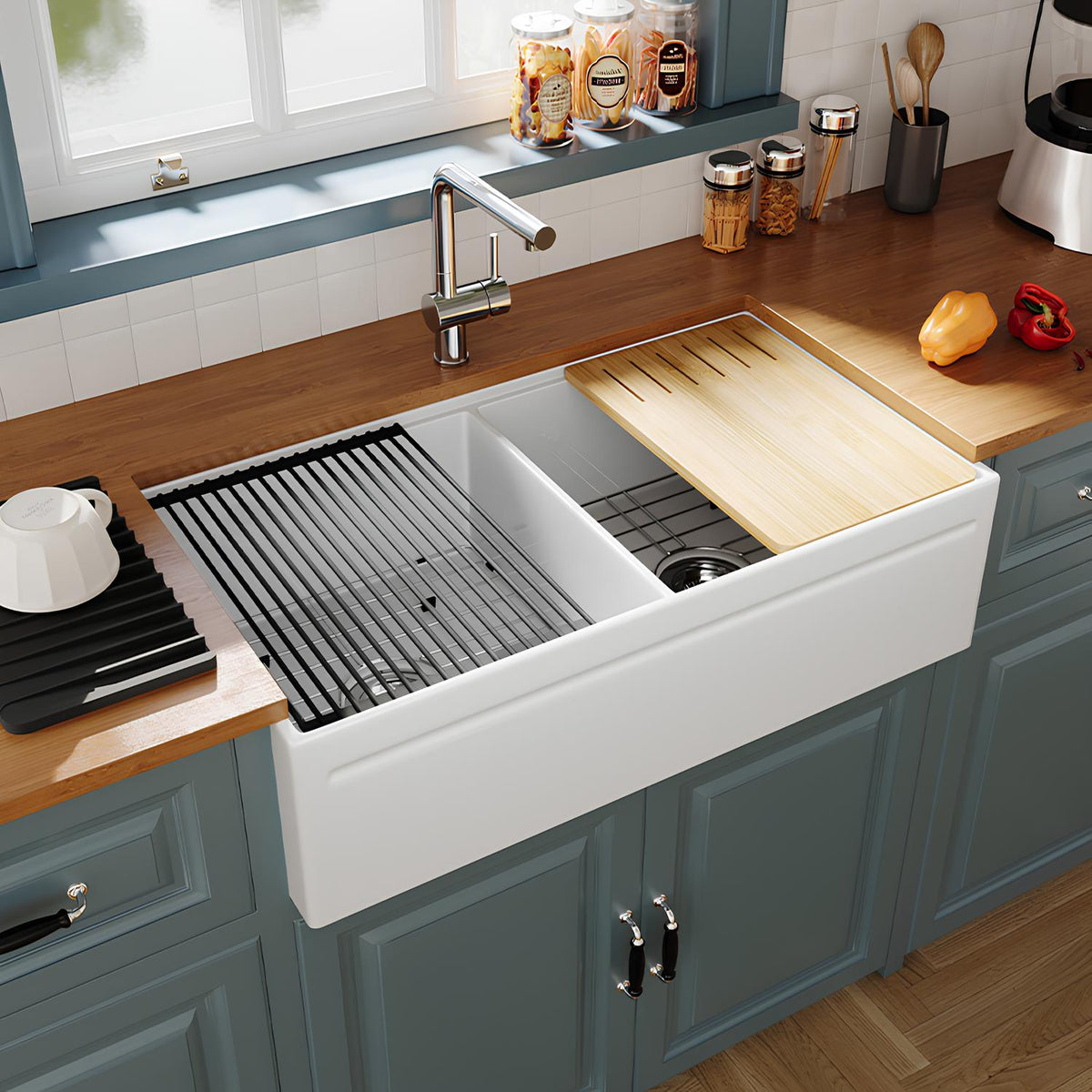 SANIKB double bowl farmhouse fireclay sink SN101W3620D installed in modern kitchen interior