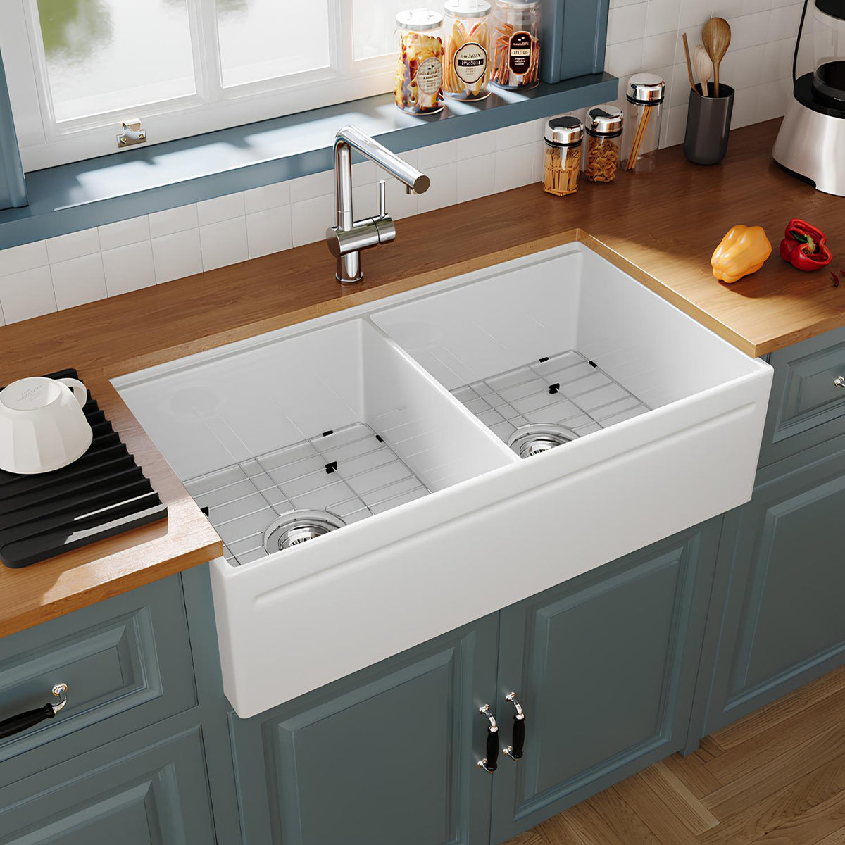 white ceramic fireclay apron front sink SN101W3620D dual bowl for residential kitchen by SANIKB