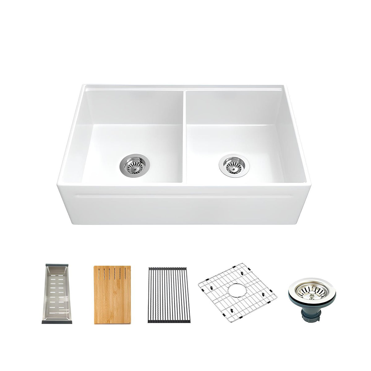 33 Inch Double Farmhouse Sink with Drainboard – Black Apron Front Kitchen Sink | SN101W3320D