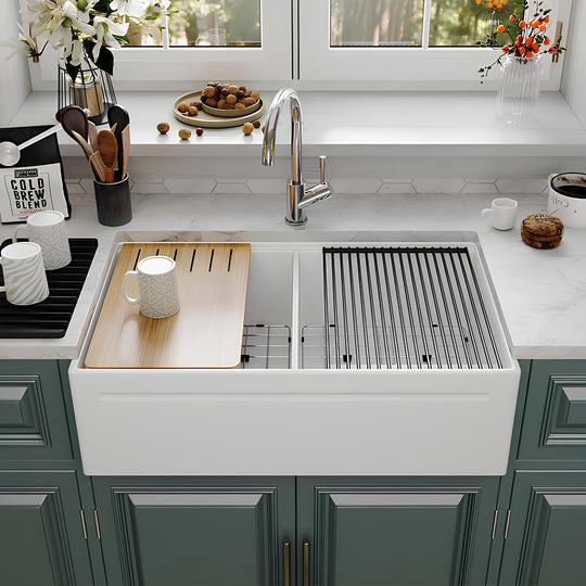 33 Inch Double Farmhouse Sink with Drainboard – Black Apron Front Kitchen Sink | SN101W3320D