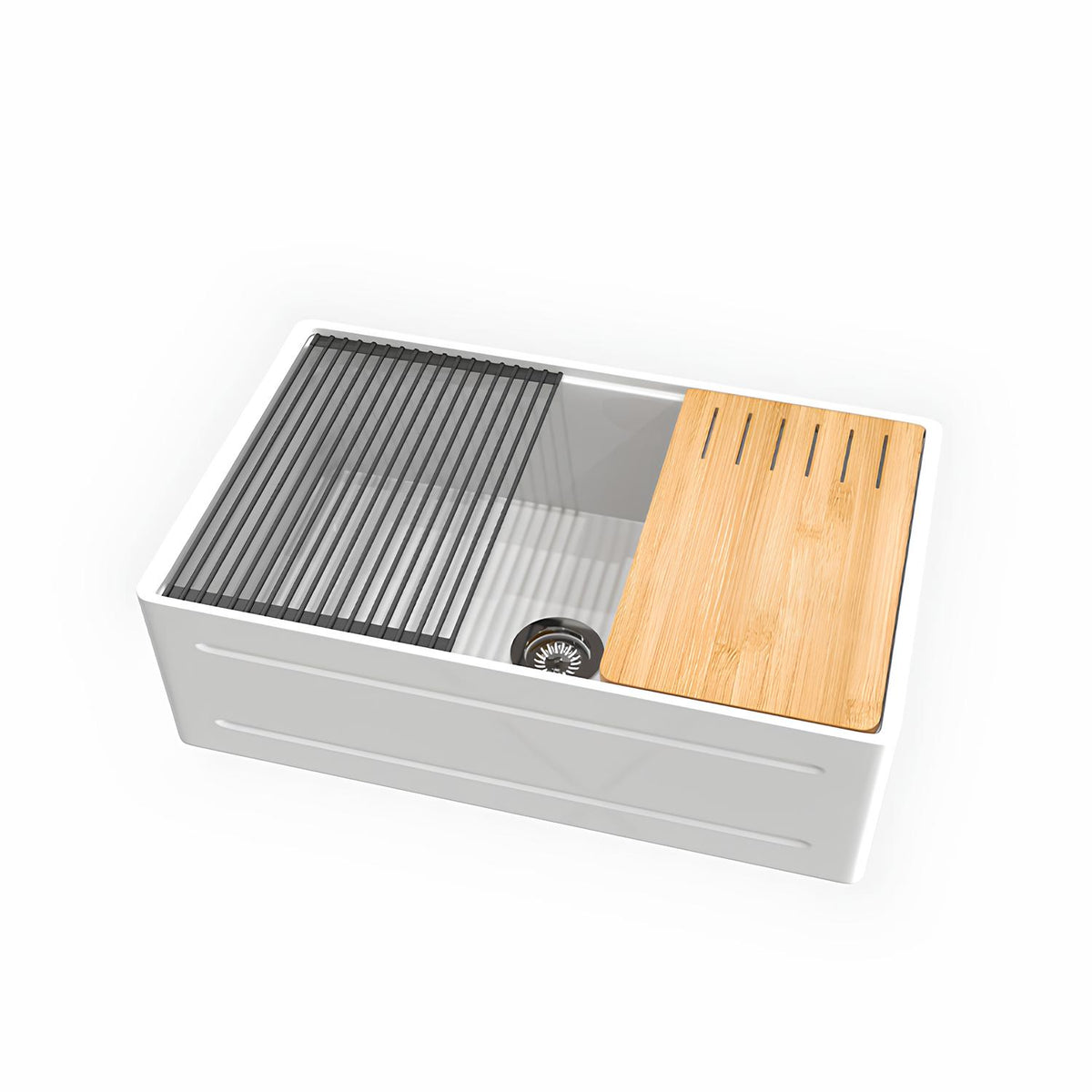 Kitchen sink with grill, cutting board, and drainboard on a white background