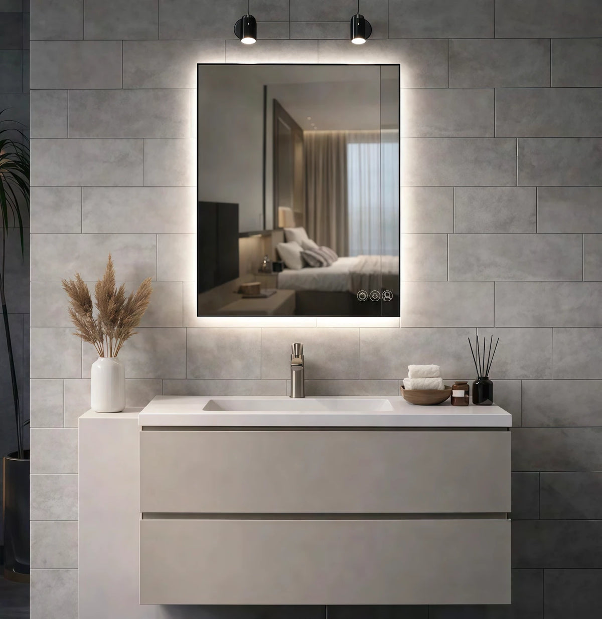 Frameless Rectangle Halo LED Mirror — full product view; KS001