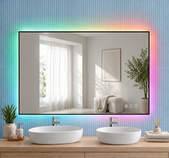 Frameless Rectangle RGB Backlit Mirror — full product view; RGBA