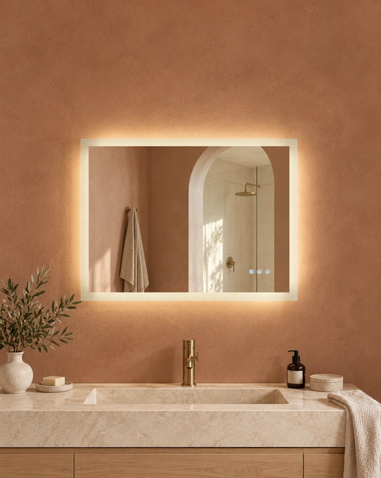 Frameless Rectangle Warm Halo LED Mirror — full product view; KS-009-1006