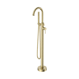 Brushed gold freestanding tub faucet with round column, bow gooseneck spout, side pin lever and handheld — SANIKB SF1006 12 43 2