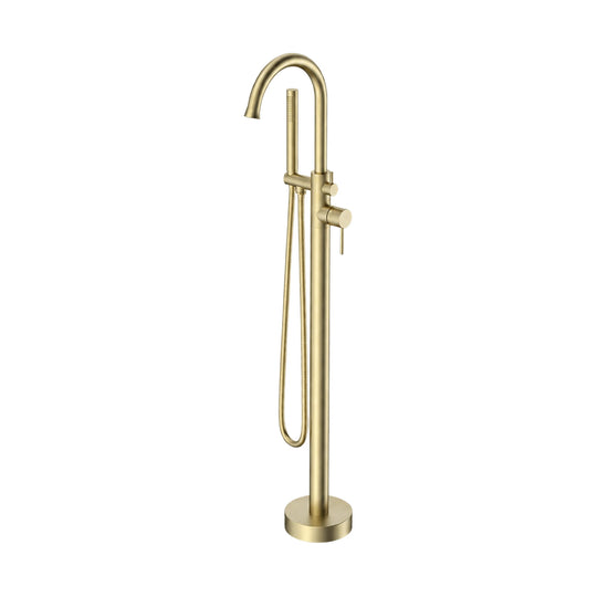Brushed gold freestanding tub faucet with round column, bow gooseneck spout, side pin lever and handheld — SANIKB SF1006 12 43 2