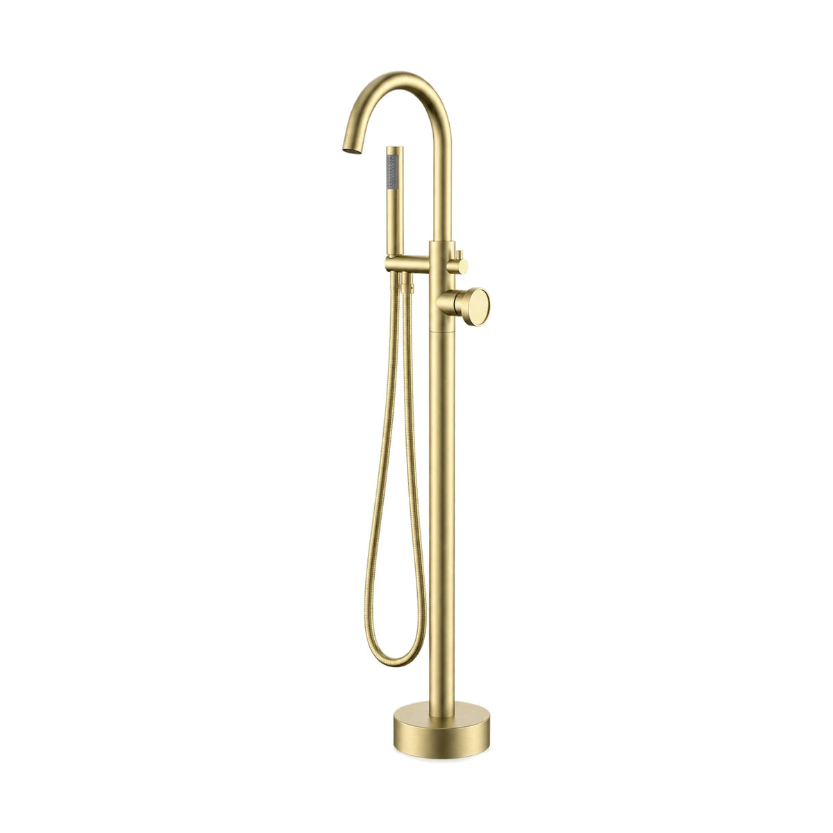 Brushed gold freestanding tub faucet with C-shaped gooseneck spout, round side dial and stick handheld — SANIKB SF1004 12 43 2