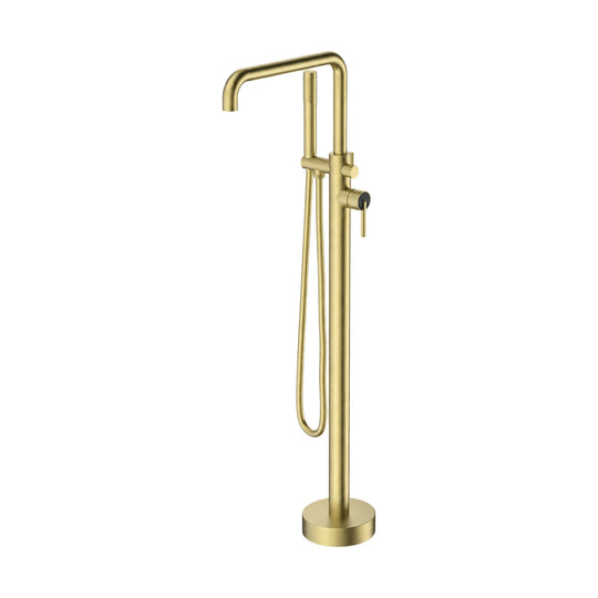 Brushed gold freestanding tub faucet with squared arch tube spout, black-faced hub pin lever and handheld — SANIKB SF1016 12 43 2