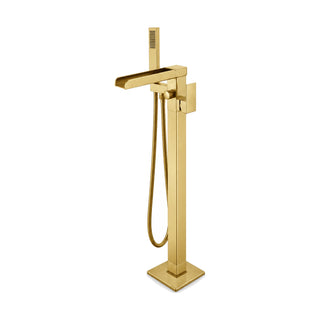 Brushed gold freestanding tub faucet with square column, open waterfall spout, square lever and handheld — SANIKB SF282A 04 43 2