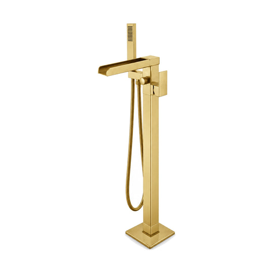 Brushed gold freestanding tub faucet with square column, open waterfall spout, square lever and handheld — SANIKB SF282A 04 43 2