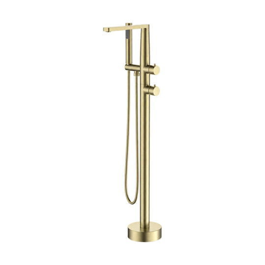 Brushed gold freestanding tub faucet with twin-tube column, flat top spout, two round knobs and handheld — SANIKB SF099G 12 43 1