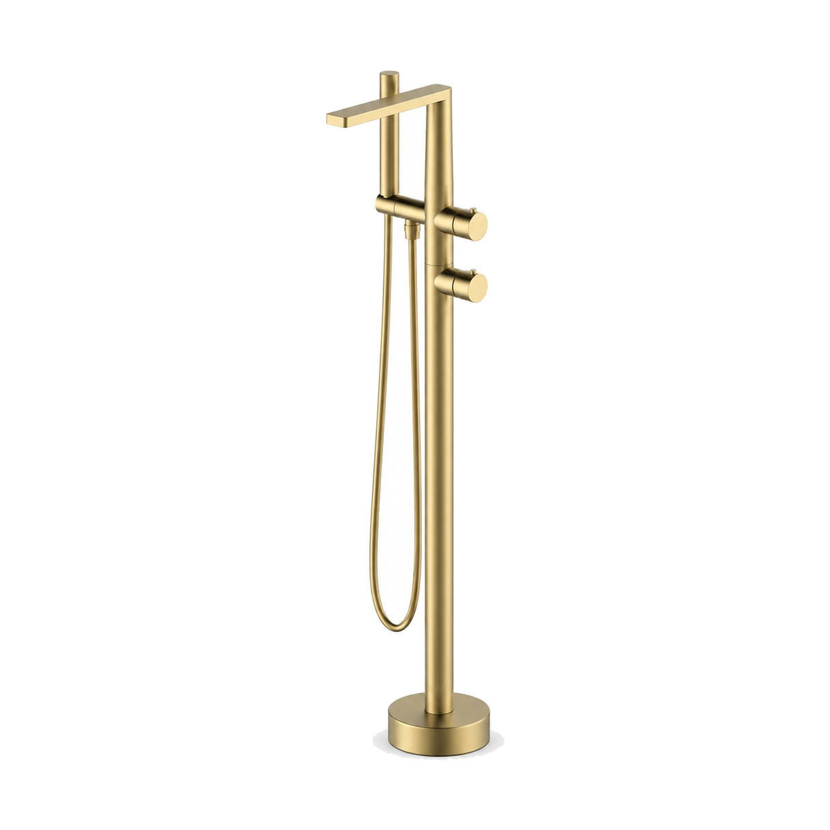 Brushed gold freestanding tub faucet with twin-tube column, flat top spout, two smooth knobs and handheld — SANIKB SF099 12 43 1