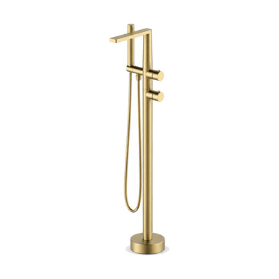 Brushed gold freestanding tub faucet with twin-tube column, flat top spout, two smooth knobs and handheld — SANIKB SF099 12 43 1