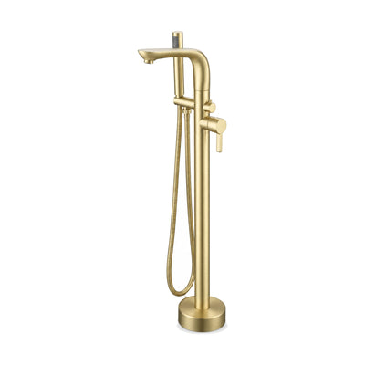 Brushed gold freestanding tub faucet with cane-shaped flat spout, round mixer lever and stick handheld — SANIKB SF294 12 08 1