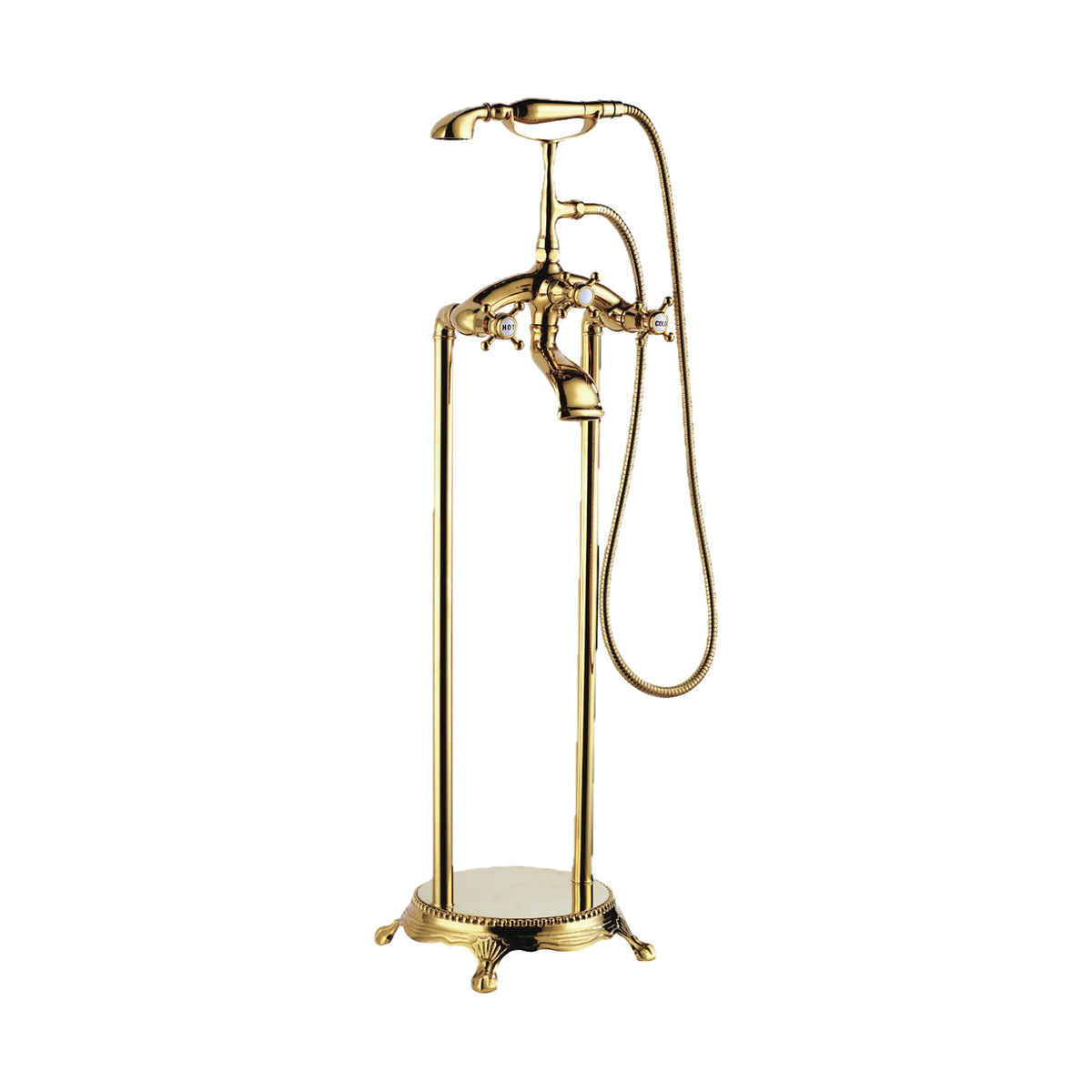 Brushed gold traditional tub faucet on two-post stand with claw-foot ring base, cross handles and handheld — SANIKB DL-08 401-LSJ