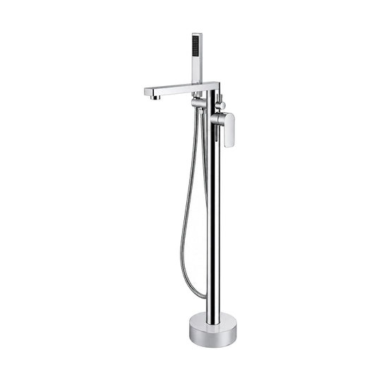 Chrome — Freestanding tub faucet with slim column, square horizontal spout, wide paddle lever and square handheld — SANIKB SF001 12 01 1