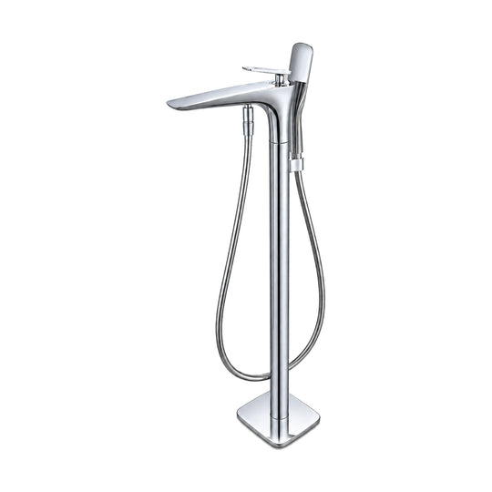 Chrome freestanding tub faucet, sculpted column flowing into long flat spout, top lever and handheld — SANIKB SF500A 12 01 1