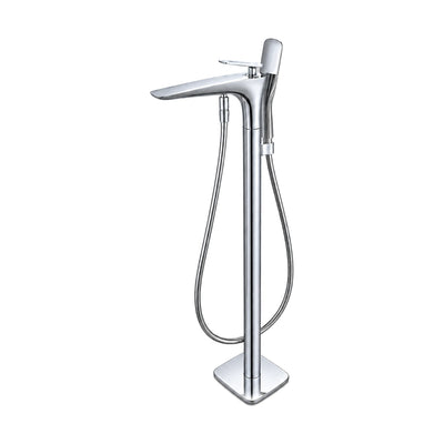 Chrome freestanding tub faucet, sculpted column flowing into long flat spout, top lever and handheld — SANIKB SF500A 12 01 1