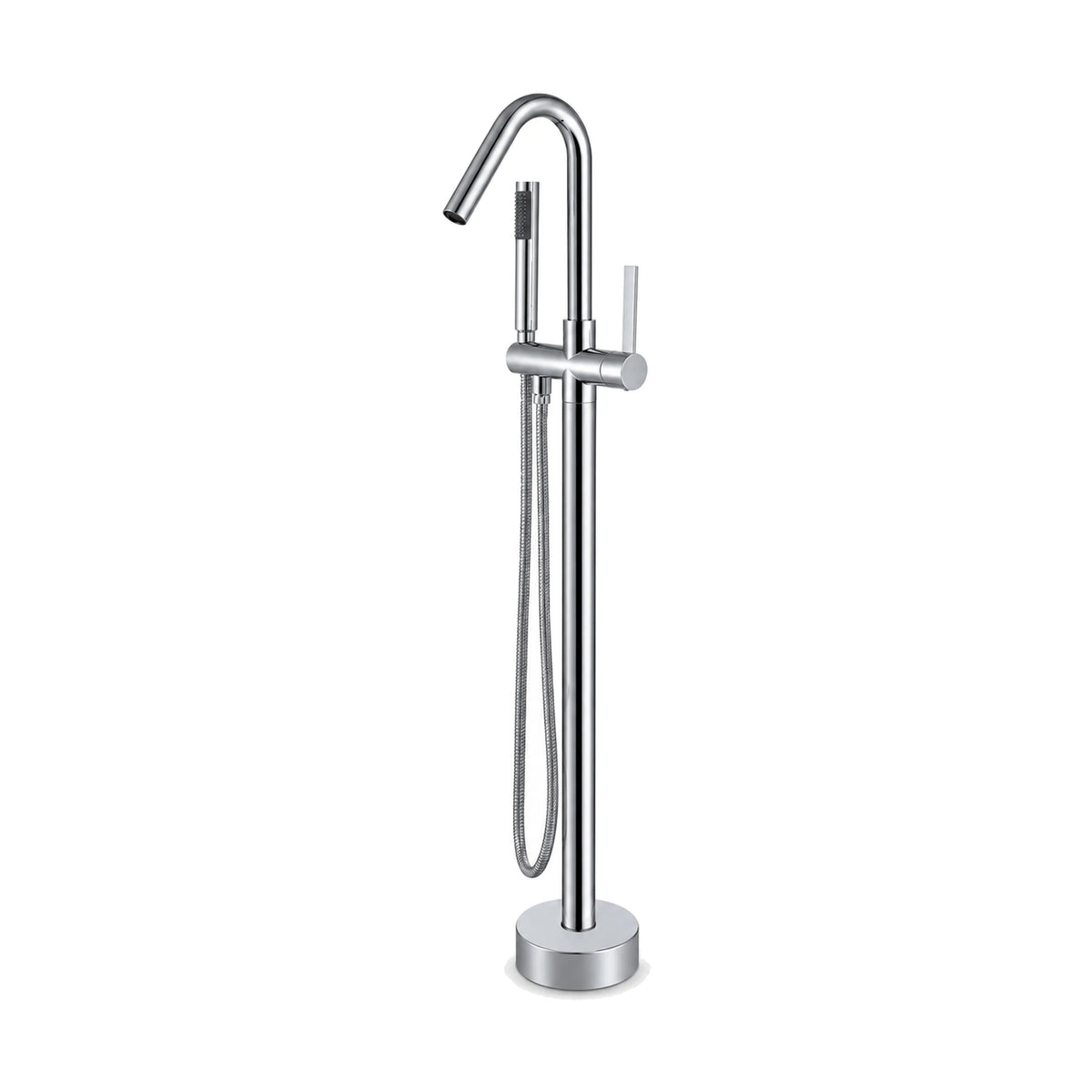 Chrome freestanding tub faucet with slim round column, tall C-shaped gooseneck, pin lever and handheld — SANIKB SF575 12 01 2