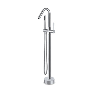 Chrome freestanding tub faucet with slim round column, tall C-shaped gooseneck, pin lever and handheld — SANIKB SF575 12 01 2