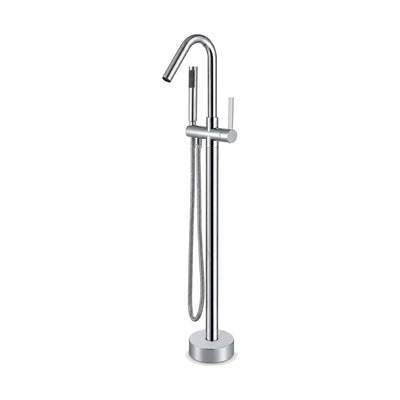 Chrome freestanding tub faucet with slim round column, tall C-shaped gooseneck, pin lever and handheld — SANIKB SF575 12 01 2