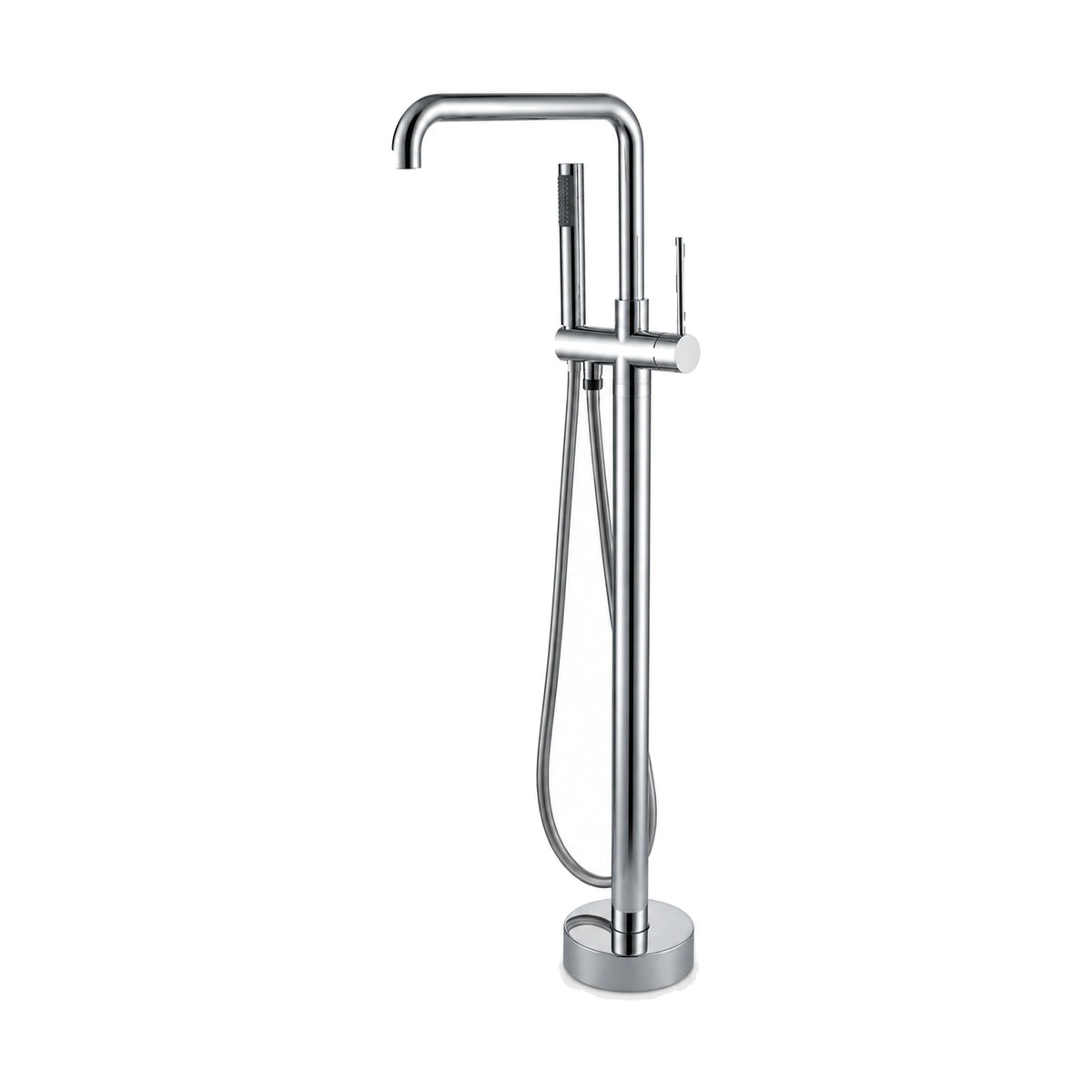 Chrome freestanding tub faucet with round column, right-angle tube spout, vertical pin lever and handheld — SANIKB SF574 12 01 2